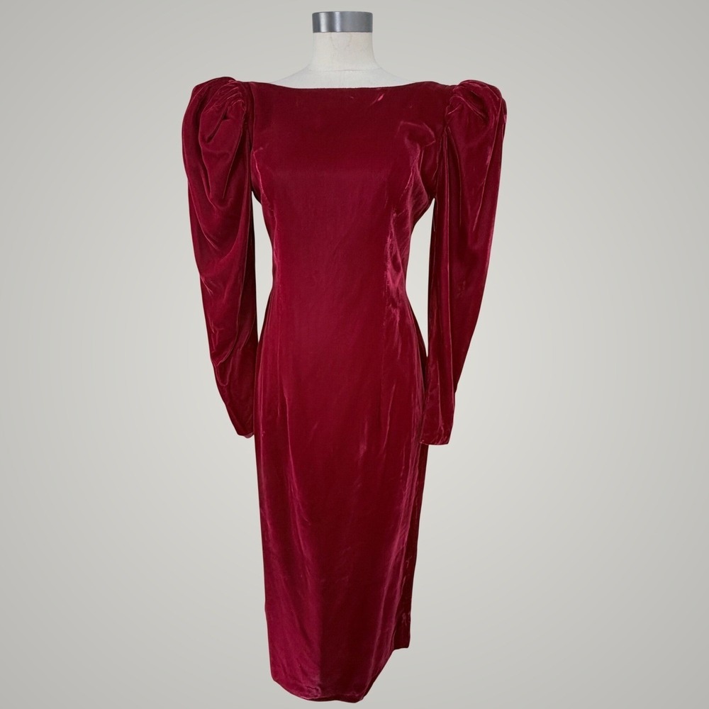 Vintage 80s Red Velvet Midi Dress Rhinestone Bow Puff Sleeve V-Back 6